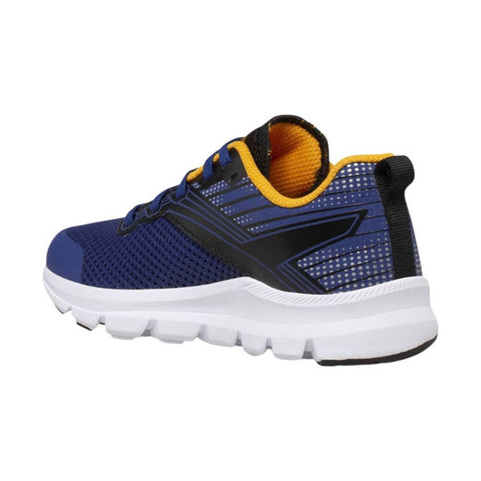 Blue and black kids' athletic sneaker with yellow collar, orange lining, and white cushioned sole