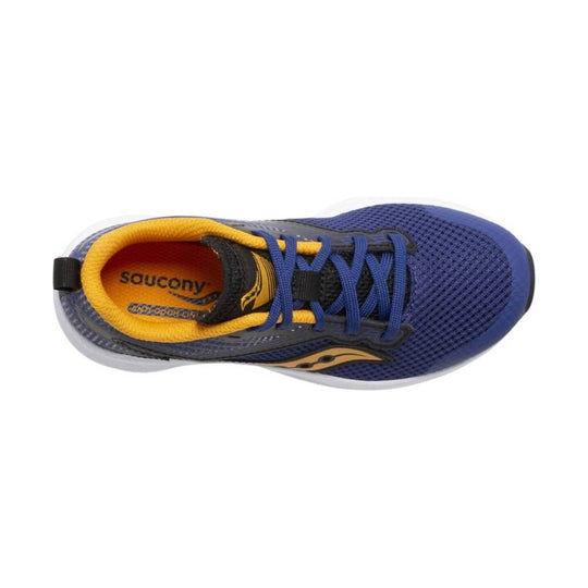 Blue and black running shoe with yellow lining and blue laces, shown from above