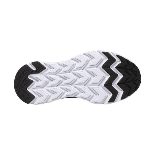 White athletic shoe outsole with black rubber tread and zigzag traction pattern