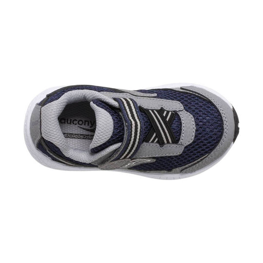 Navy and gray kids' athletic shoe with mesh upper, elastic straps, and a white sole