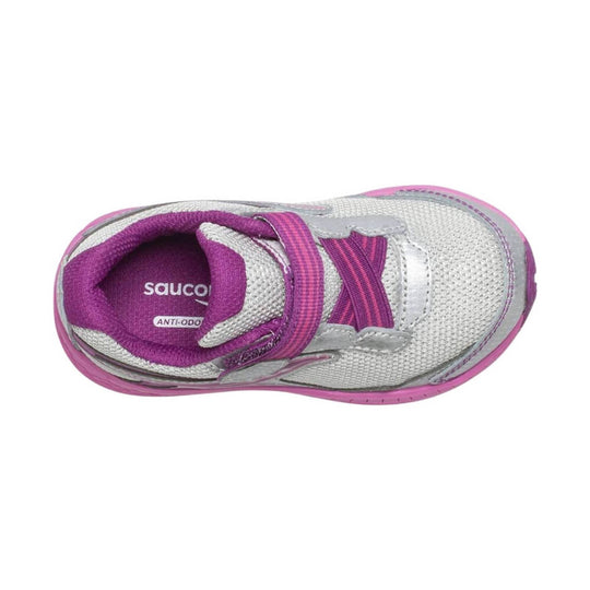 Silver and pink kids sneaker with mesh upper, purple lining, and hook-and-loop strap