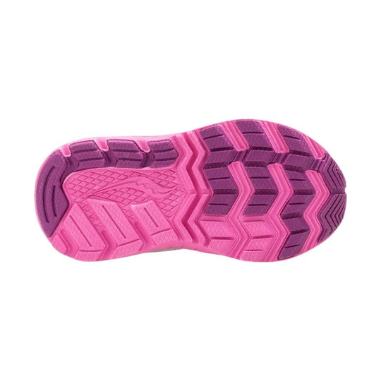 Pink and purple running shoe outsole with zigzag tread pattern