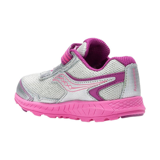 Silver and pink kids' athletic sneaker with mesh panels, hook-and-loop strap, and thick pink sole