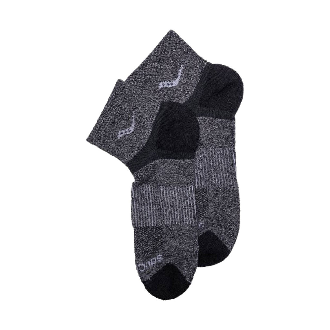 Pair of dark heathered ankle socks with ribbed cuffs and black toes and heels