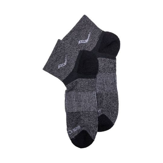 Pair of dark heathered ankle socks with ribbed cuffs and black toes and heels