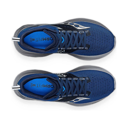 Pair of blue running shoes with gray soles, navy laces, and white side logos, shown from above