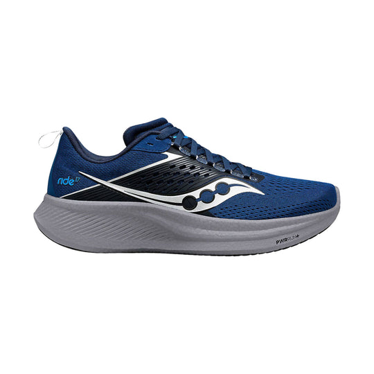 Blue and gray running shoe with lace-up closure and visible side logo