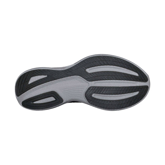 Black and gray running shoe outsole with textured tread and light gray foam sections