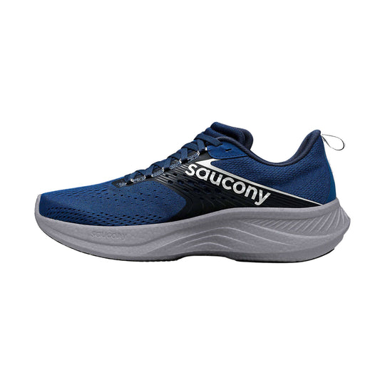Blue running shoe with a gray cushioned sole and visible Saucony side logo