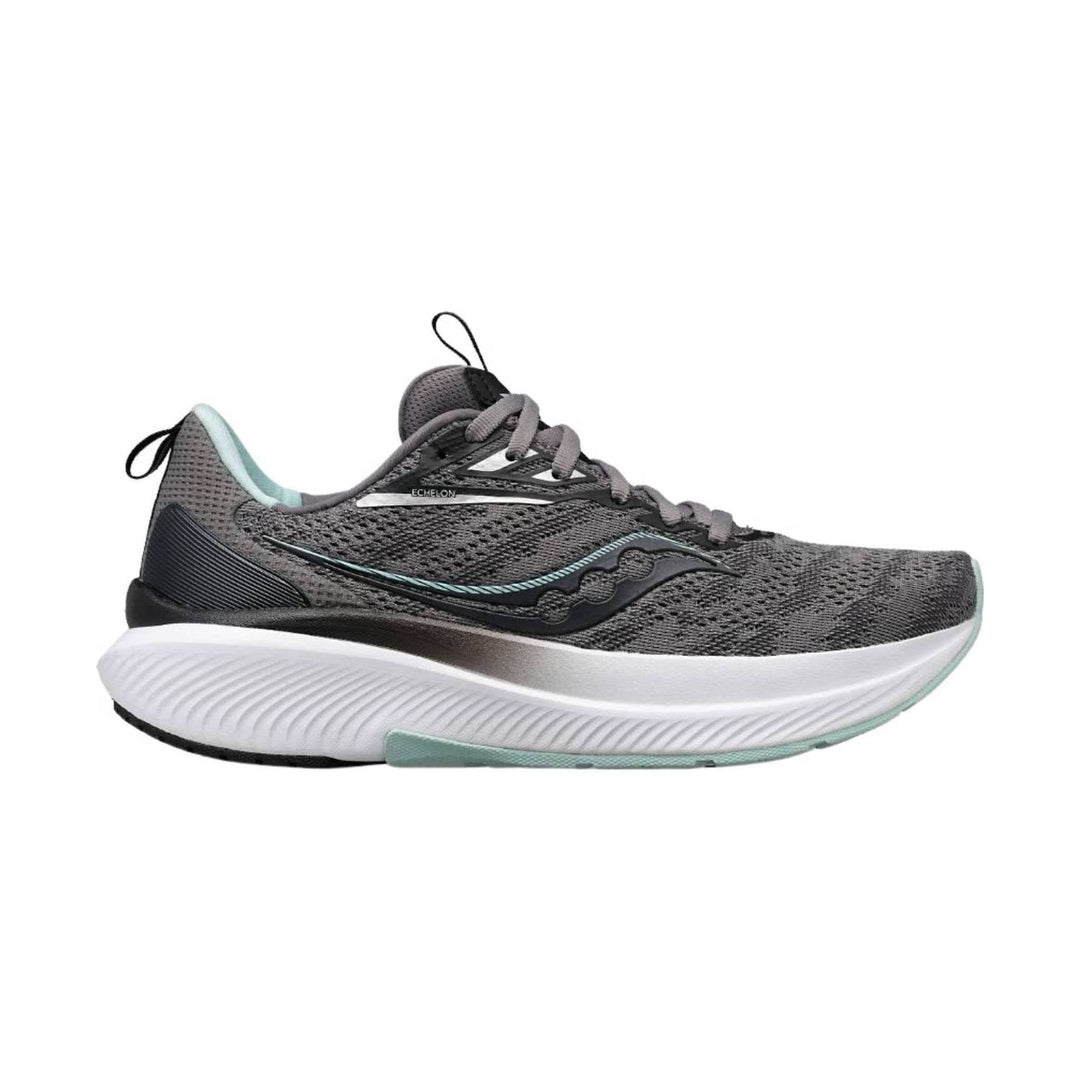 Gray mesh running shoe with white cushioned sole and teal accents, shown in side view