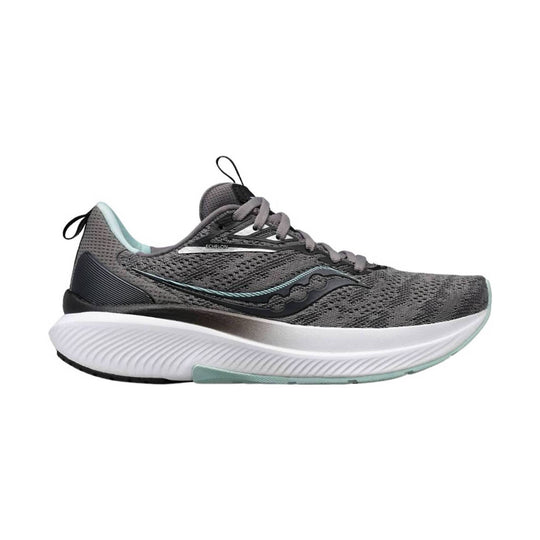 Gray mesh running shoe with white cushioned sole and teal accents, shown in side view