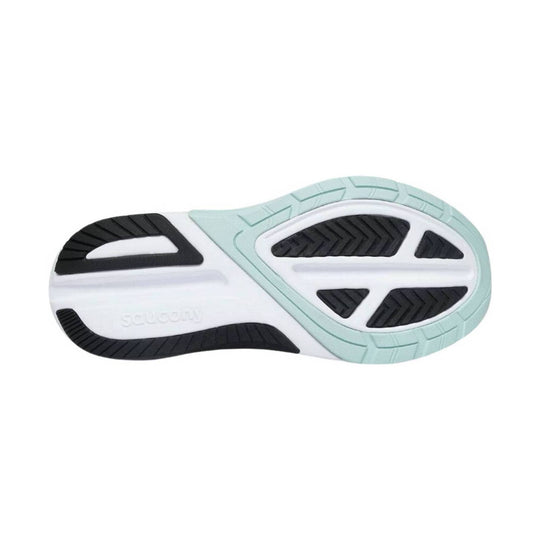 Running shoe outsole with white midsole, black rubber tread, and mint green edge detailing