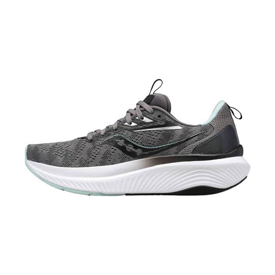Gray mesh running shoe with a thick white foam sole and black heel overlay