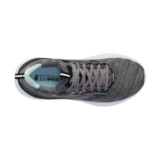 Gray mesh running shoe with light blue interior, laces, and a white sole, shown from above