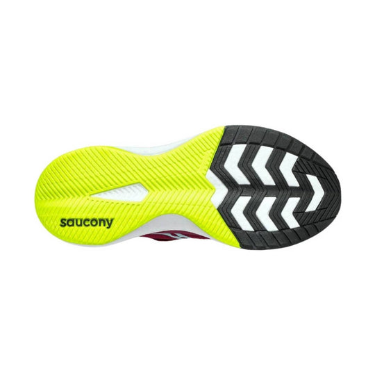 Neon yellow and black running shoe outsole with "saucony" text