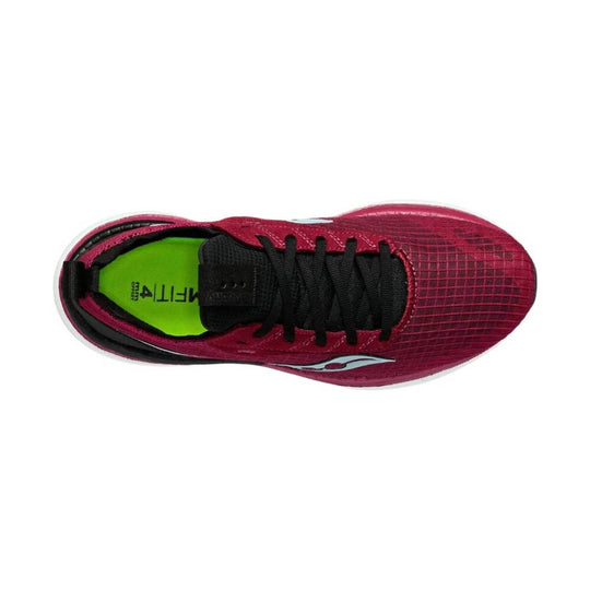 Top view of a berry-red running shoe with black laces and a neon green insole.