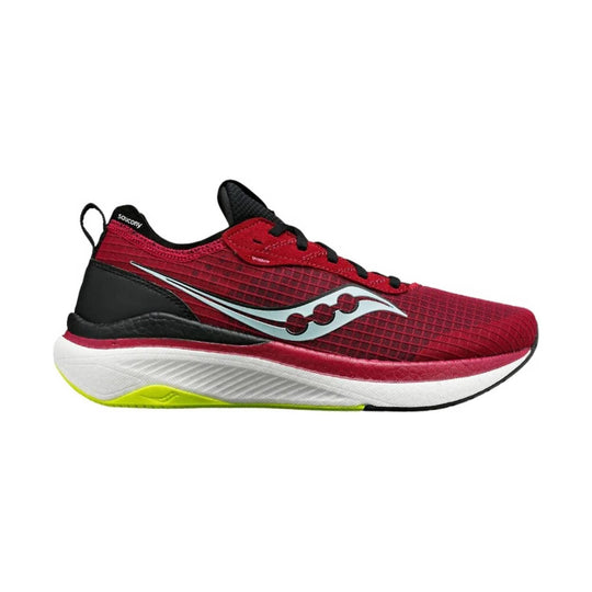 Red running shoe with black trim, white midsole, lime outsole, and Saucony side logo