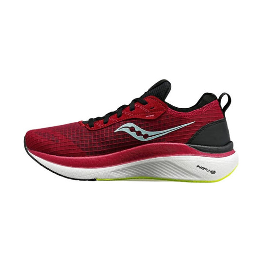 Red and black running shoe with a white cushioned sole and PWRRUN text