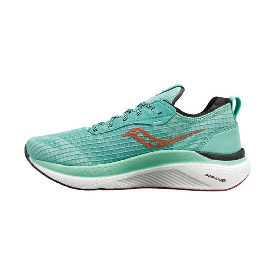 Mint green running shoe with white midsole, black heel trim, and orange side logo