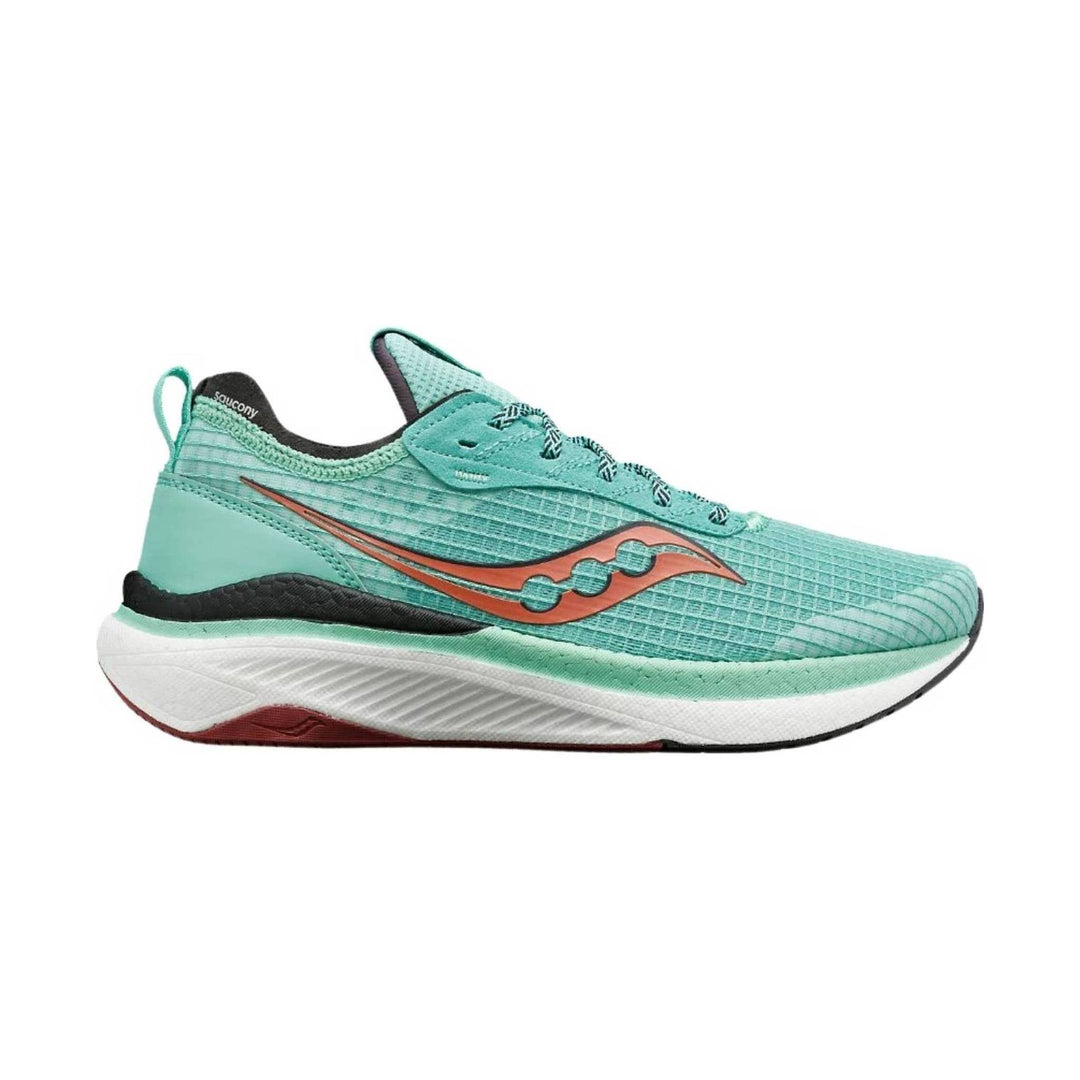 Mint green running shoe with white foam sole, orange side logo, and visible Saucony text at the heel