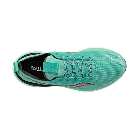 Mint green running shoe shown from above with zigzag laces, black interior, and coral side accents