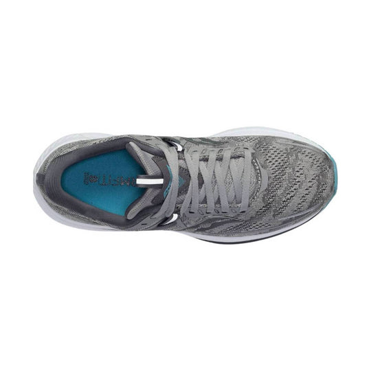 Gray knit running shoe with white laces and a teal insole, shown from above