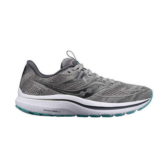 Gray running shoe with mesh upper, black side overlays, white midsole, and teal outsole accents