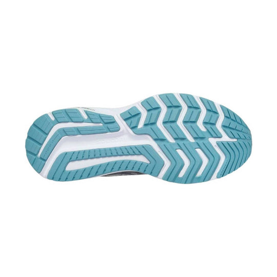 White running shoe outsole with turquoise traction pods and white flex grooves