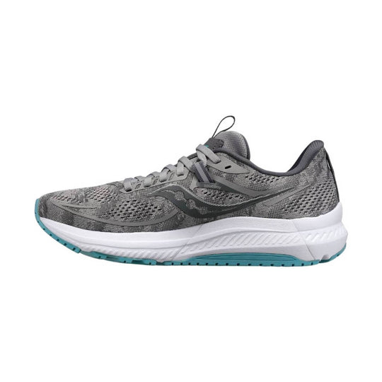 Gray mesh running shoe with white midsole and teal outsole accents, side view