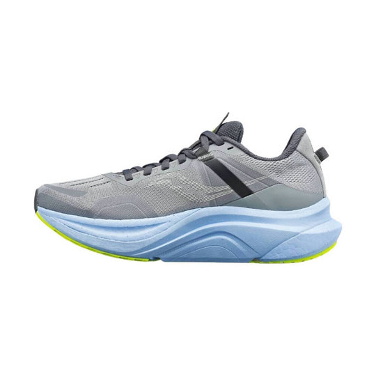 Gray and light blue running shoe with dark laces and a lime green outsole
