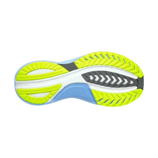 Running shoe outsole with neon yellow tread, white midfoot foam, blue sections, and gray rubber inserts