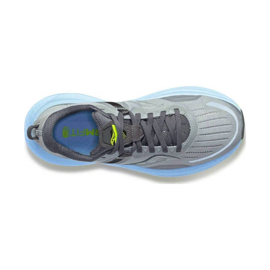 Gray running shoe with dark laces, light blue sole, and a lime-green logo on the tongue