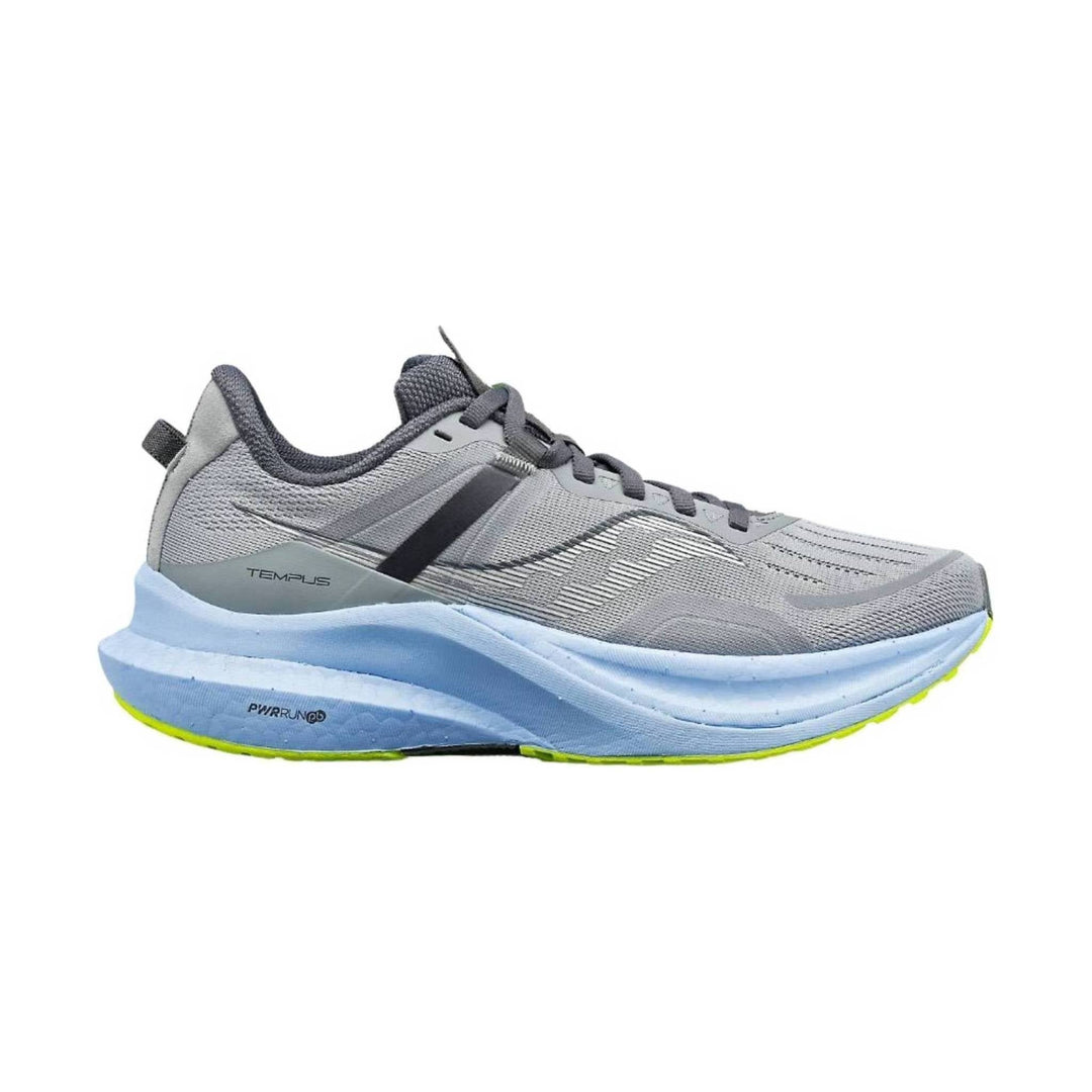 Gray running shoe with a blue cushioned sole and neon yellow outsole accents