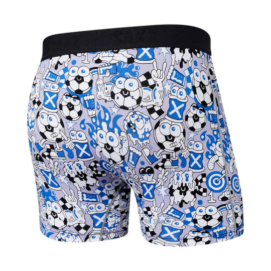 Black boxer briefs with blue and white cartoon print and wide black waistband