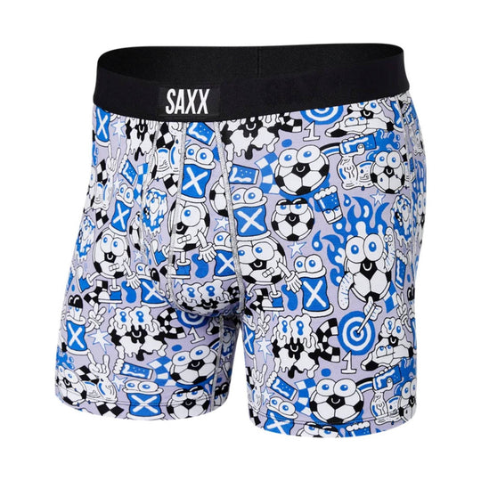 Men’s boxer briefs with black waistband and blue, white, and black cartoon soccer print