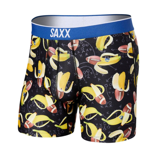 Black boxer briefs with a blue waistband and allover banana and football print