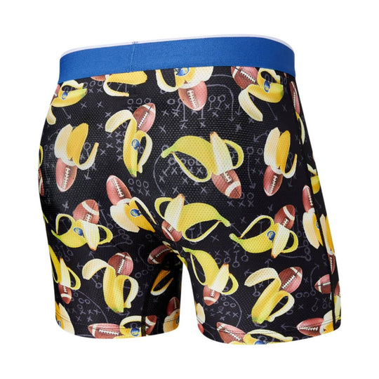 Black boxer briefs with banana and football print and a blue waistband