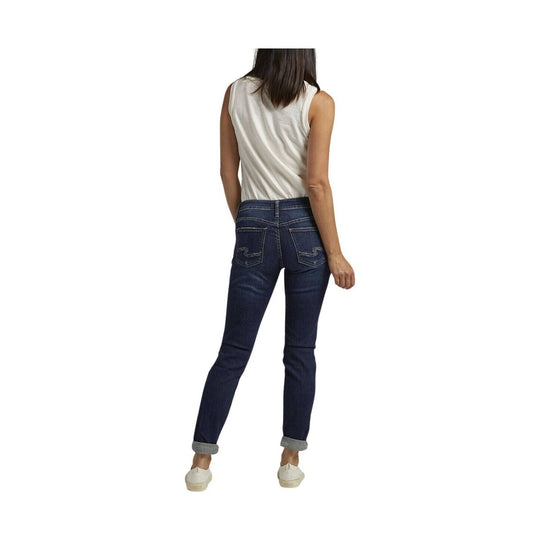 Back view of dark wash slim-leg jeans with rolled hems
