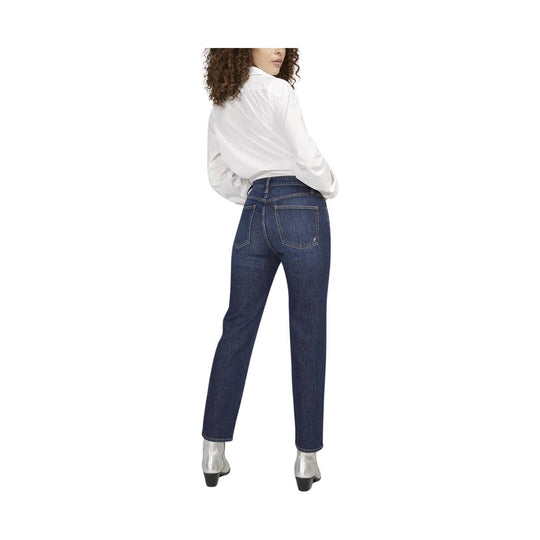 Dark wash straight-leg jeans shown from the back with five pockets and ankle-length hems