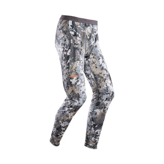 Patterned gray camouflage thermal pants with a dark waistband
