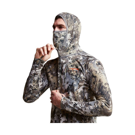 Camouflage hooded performance shirt with face covering and zip front