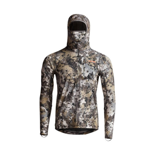 Camouflage hooded long-sleeve pullover with half-zip front and thumb loops