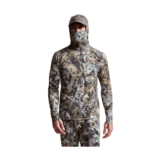 Camouflage long-sleeve hooded top with face covering and matching pants, front view