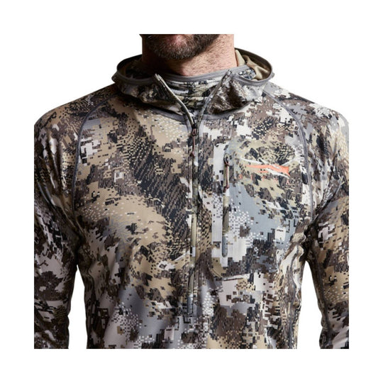 Long-sleeve camo hooded quarter-zip pullover with a chest pocket and stand-up collar