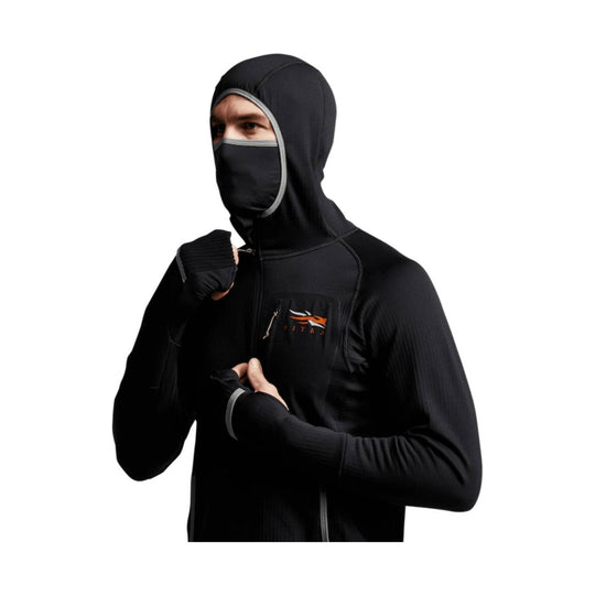 Black hooded balaclava-style zip-up performance top with thumb holes and gray trim