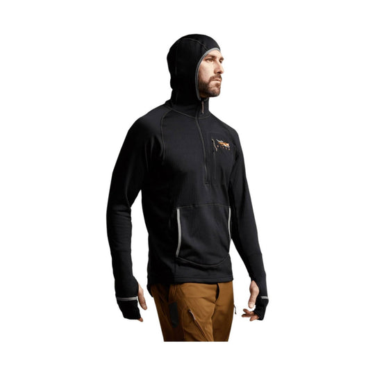 Black hooded pullover with quarter-zip, chest logo, kangaroo pocket, and fingerless cuffs