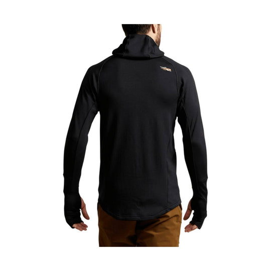 Black long-sleeve hooded performance top shown from the back, with thumbhole cuffs