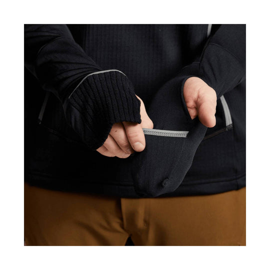 Black hooded pullover with thumbhole cuffs and a zippered hand pocket