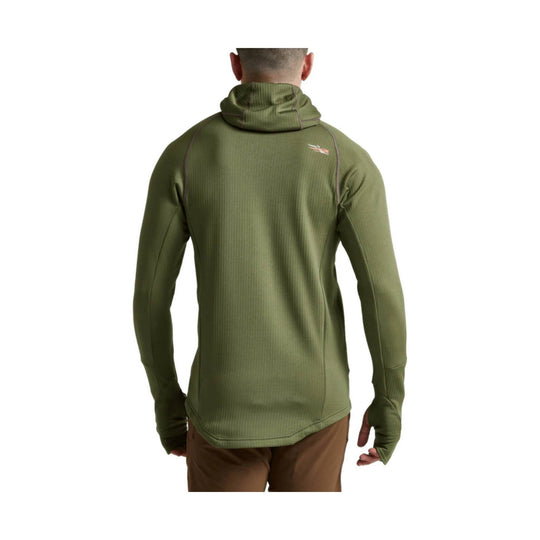 Olive green hooded pullover with thumbholes, shown from the back