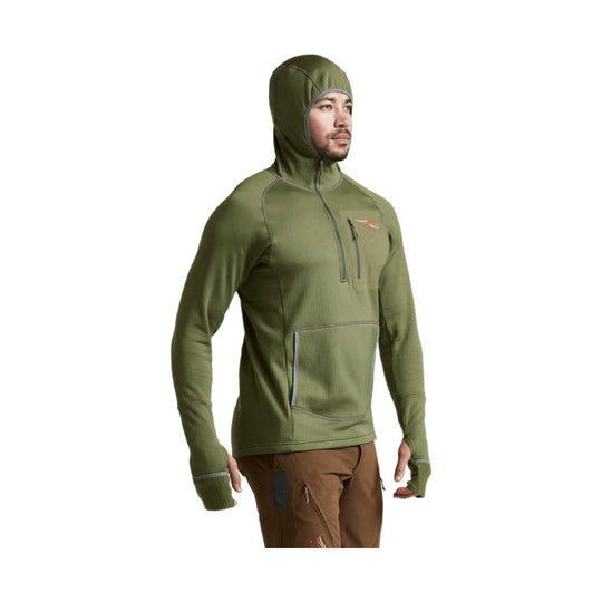 Olive green hooded pullover with a quarter-zip chest pocket and thumbhole sleeves